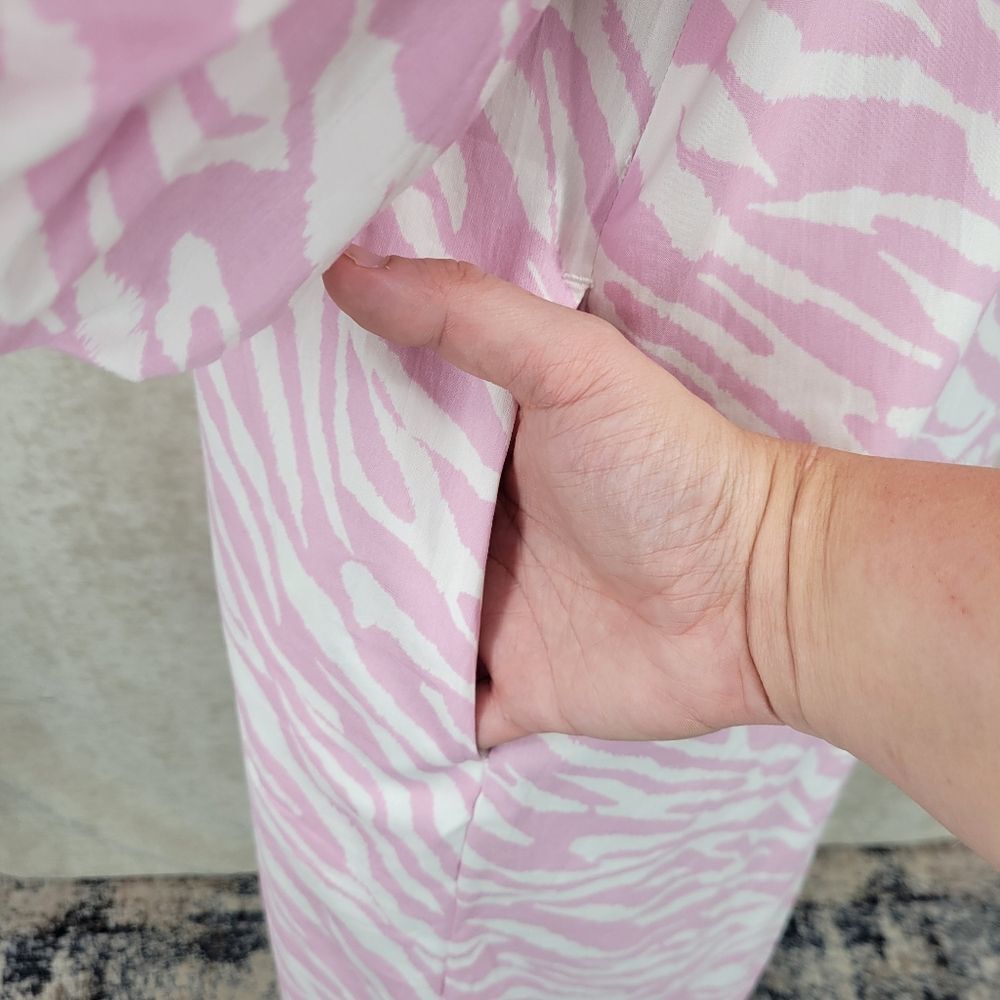 Chico's Dress Pink Zebra Print Ballon Sleeve Midi Dress Poplin Stretch NEW - Picture 7 of 16